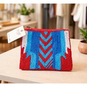 Kay Lee Red Blue And White Beaded Zipper Coin Purse New